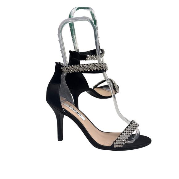 NINA BLACK LUSTER SATIN VAUNA ANKLE-STRAP 3.5” HEEL EVENING SANDAL SIZE 7W - Picture 2 of 12